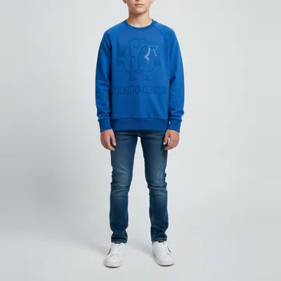 Pre-owned Roberto Cavalli Kids Blue Logo Graphic Jersey Sweatshirt 8 Yrs