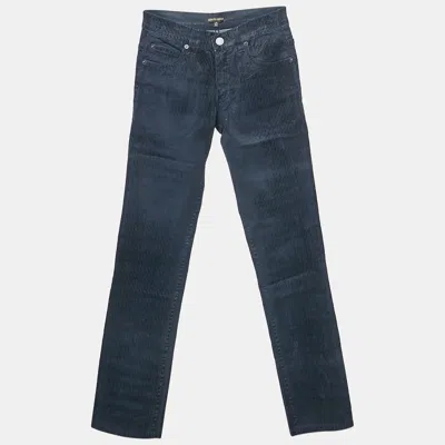 Pre-owned Roberto Cavalli Kids Navy Blue Stripe Flock Print Denim Jeans 10 Yrs