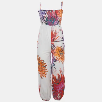 Pre-owned Roberto Cavalli Kids White Floral Print Cotton Smocked Jumpsuit 10 Yrs