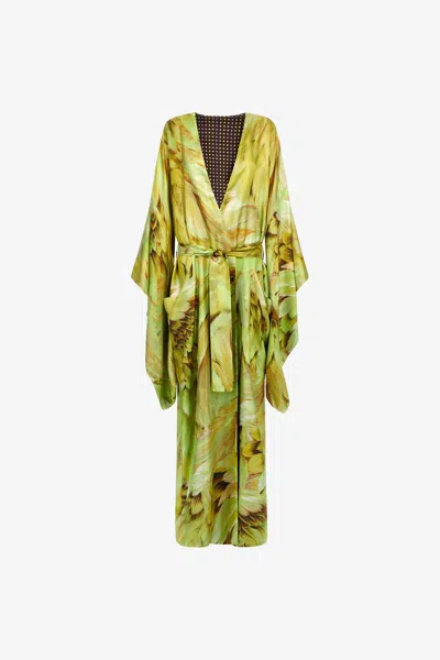 Roberto Cavalli Kimono Plumage Print In Light Green