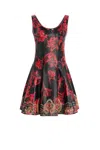 Roberto Cavalli Micro Parrot Tulip Print Leather Dress In Black/ruby