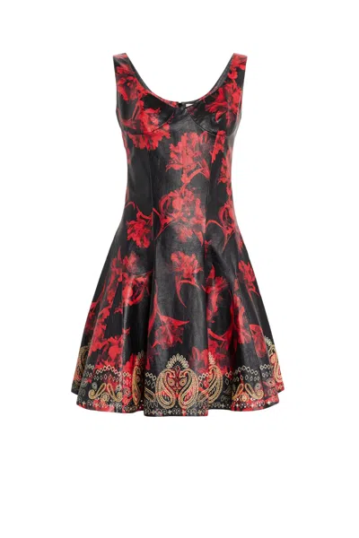 Roberto Cavalli Micro Parrot Tulip Print Leather Dress In Black/ruby