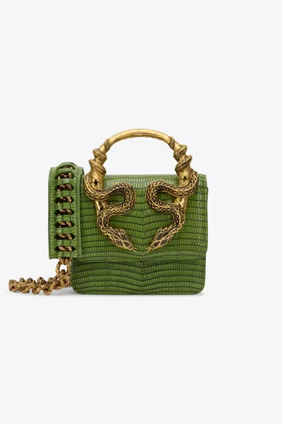 Roberto Cavalli Small Serpentine Bag In Green Leather In Black