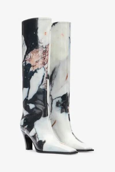 Roberto Cavalli Knee-high Boots With Marble Print In Black/white