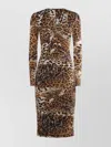 Roberto Cavalli Jaguar Skin-print Ruched Dress In Brown