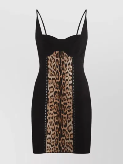 Roberto Cavalli Knee Length Dress With Animal Print Panel In Black