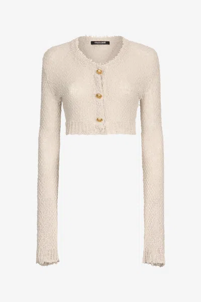 Roberto Cavalli Cropped Cardigan With Gold Buttons In Light Brown