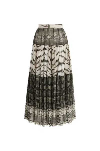 Roberto Cavalli La Tigresse Reptilla Pleated Skirt In White/black/natural
