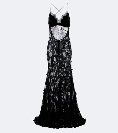 Roberto Cavalli Lace And Velvet Gown In Black