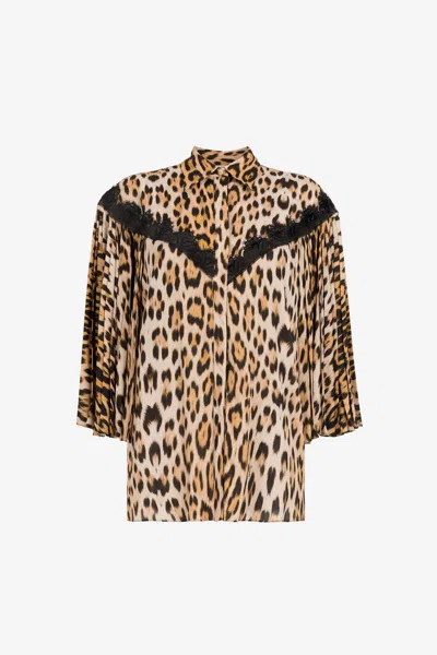Roberto Cavalli Lace-detailed Leopard-print Shirt In Light Brown