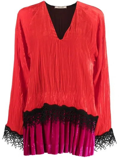 Roberto Cavalli Lace-detailed Velvet Dress In Red