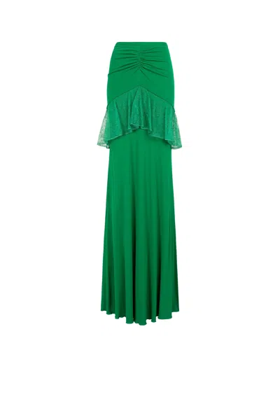 Roberto Cavalli Lace-trim Ruched Maxi Skirt In Green
