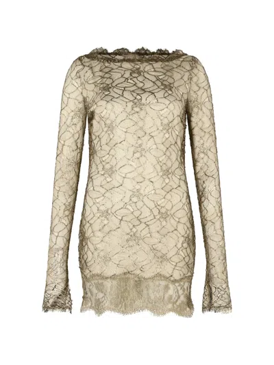 Roberto Cavalli Lace-embroidered Semi-sheer Mini Dress In Brown