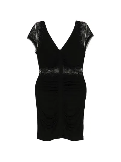 Roberto Cavalli Lace-panelled Ruched Mini Dress In Black