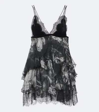 Roberto Cavalli Lace-trimmed Printed Silk Mini Dress In Black