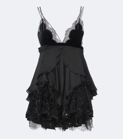 Roberto Cavalli Lace-trimmed Ruffled Silk Minidress In Black