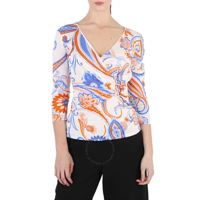 Roberto Cavalli Ladies Bandana Print V-neck Wrap Top In White/orange