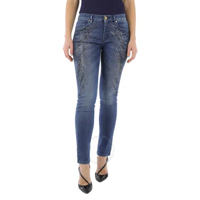 Roberto Cavalli Ladies Crystal Embellished Skinny Cotton Denim Jeans In Blue