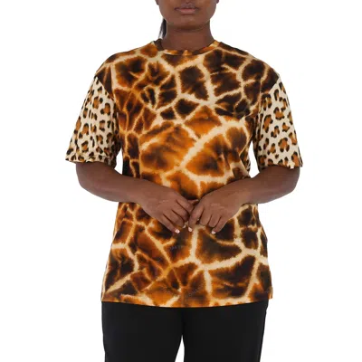 Roberto Cavalli Ladies Giraffe Chine And Leopard Printed Cotton T-shirt In Animal Print