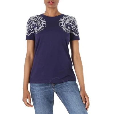 Roberto Cavalli Ladies Indigo Bandana Crystal-embellished Cotton T-shirt