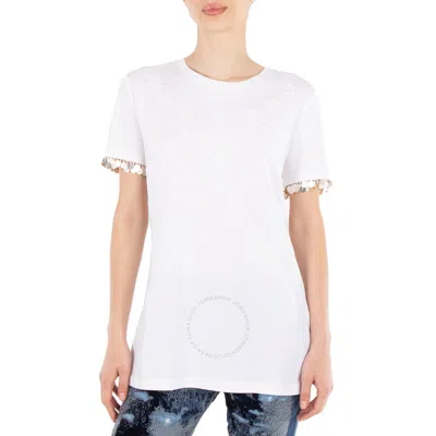 Roberto Cavalli Ladies Optical White Floral Embroidered Cotton T-shirt