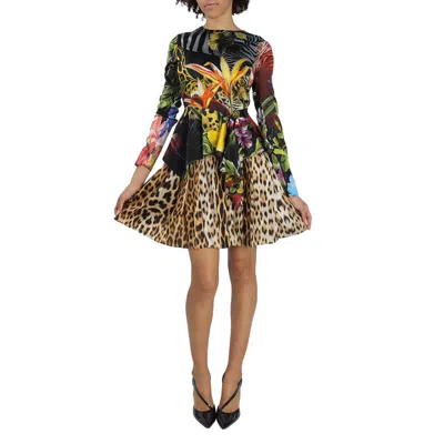 Pre-owned Roberto Cavalli Ladies Paradise Found Print Peplum Satin Dress