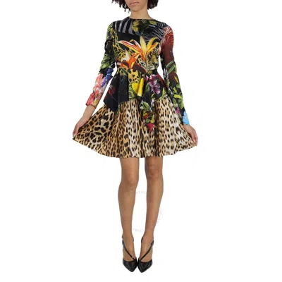 Roberto Cavalli Ladies Paradise Found Print Peplum Satin Dress In Multi