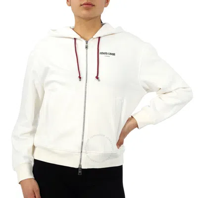 Roberto Cavalli Ladies White Cotton Lucky Symbols Zip Hooded Sweatshirt