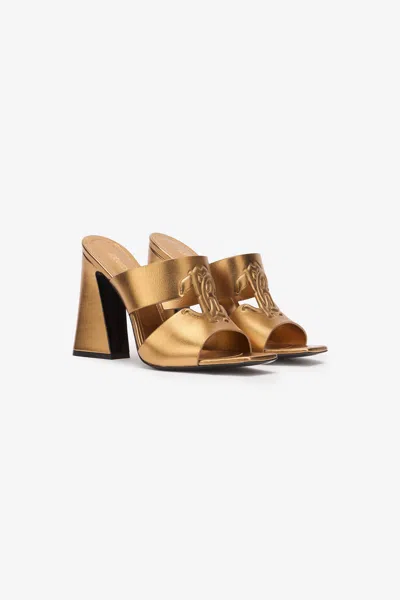 Roberto Cavalli Laminate Mules With Chunky Heel In Gold