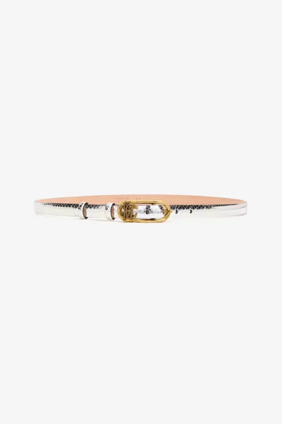Roberto Cavalli Laminated Leather Belt With Snake Print In Silver