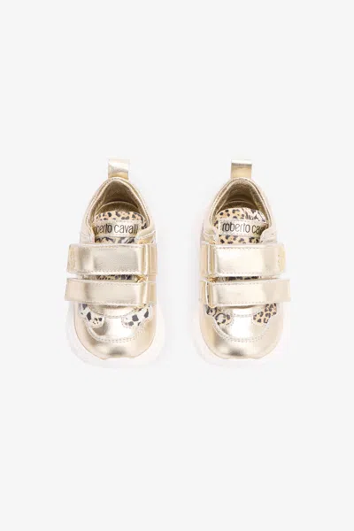 Roberto Cavalli Babies' Laminated Sneakers With Jaguar Skin Inserts In Gold