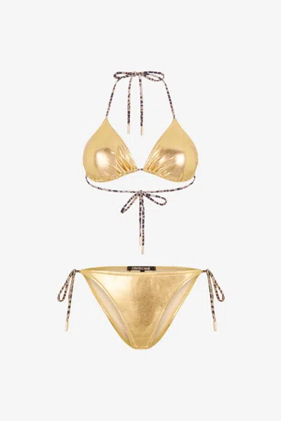 Roberto Cavalli Laminated Gold Bikini With Leopard Print Ties