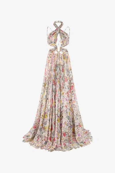 Roberto Cavalli Long Chiffon Dress With Florentine Flowers Print In Multi