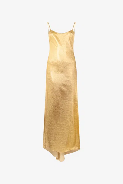 Roberto Cavalli Golden Silk Maxi Dress With Scale Print
