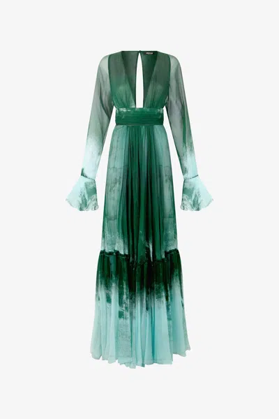 Roberto Cavalli Long Empire-style Pure Silk Dress In Green