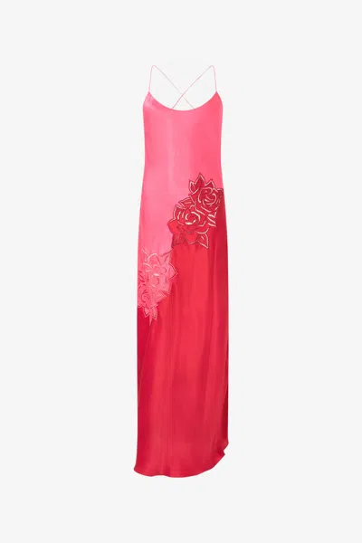 Roberto Cavalli Long Dress With Perforated Rose Pattern In Pink