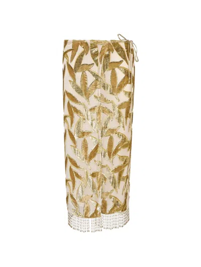 Roberto Cavalli Leaf-patterned Beaded-fringe Midi Skirt In Multi