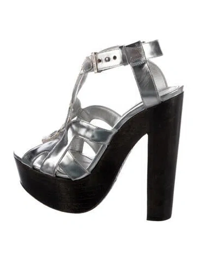 Pre-owned Roberto Cavalli Leather Animal Print Sandals In Silver