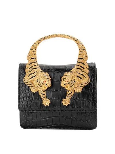 Roberto Cavalli Tiger-handle Tote Leather Bag In Black/gold