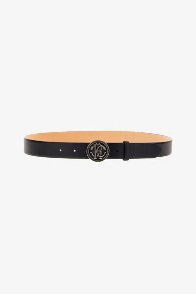 Roberto Cavalli Leather Belt With Logo Rc Buckle In Black