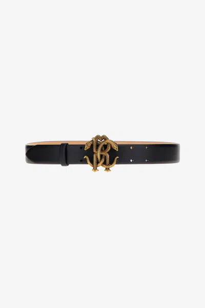 Roberto Cavalli Leather Belt With Monogram Mirror Snake In Black