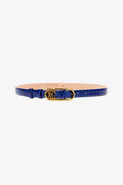 Roberto Cavalli Leather Belt With Monogram Mirror Snake In Blue