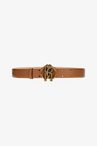 Roberto Cavalli Leather Belt With Monogram Mirror Snake In Brown