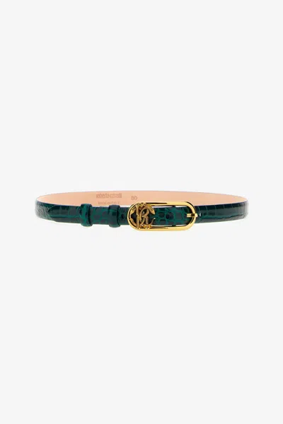 Roberto Cavalli Leather Belt With Monogram Mirror Snake In Dark Green
