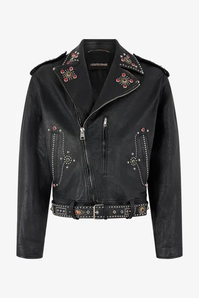 Roberto Cavalli Leather Biker Jacket With Studs And Stones
