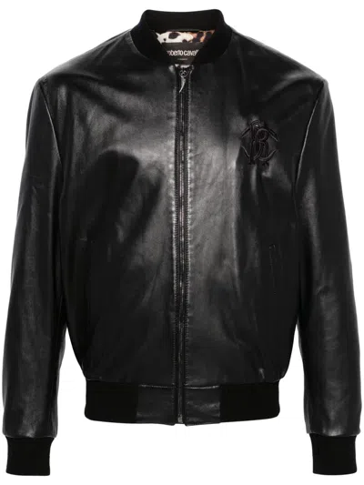 Roberto Cavalli Leather Bomber Jacket In Black