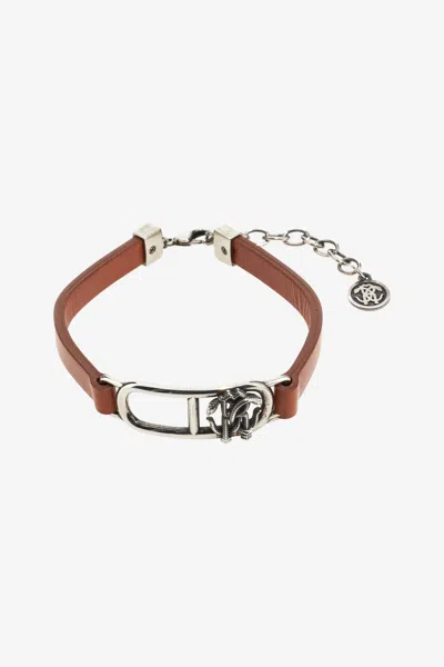 Roberto Cavalli Leather Bracelet With Monogram Rc In Brown