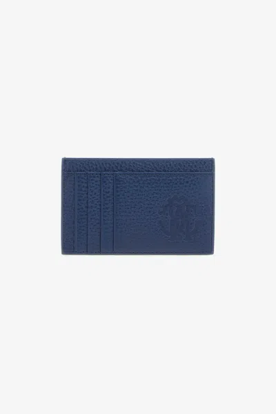 Roberto Cavalli Leather Card Holder In Dark Blue