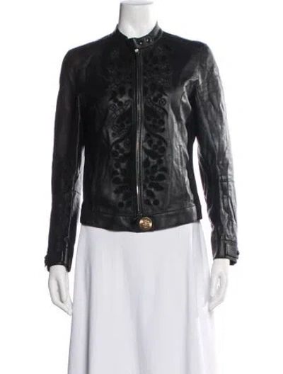 Pre-owned Roberto Cavalli Leather Floral Print Biker Jacket In Black