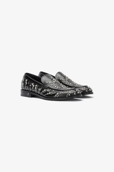 Roberto Cavalli Leather Loafers With Studs And Rhinestones In Black/silver